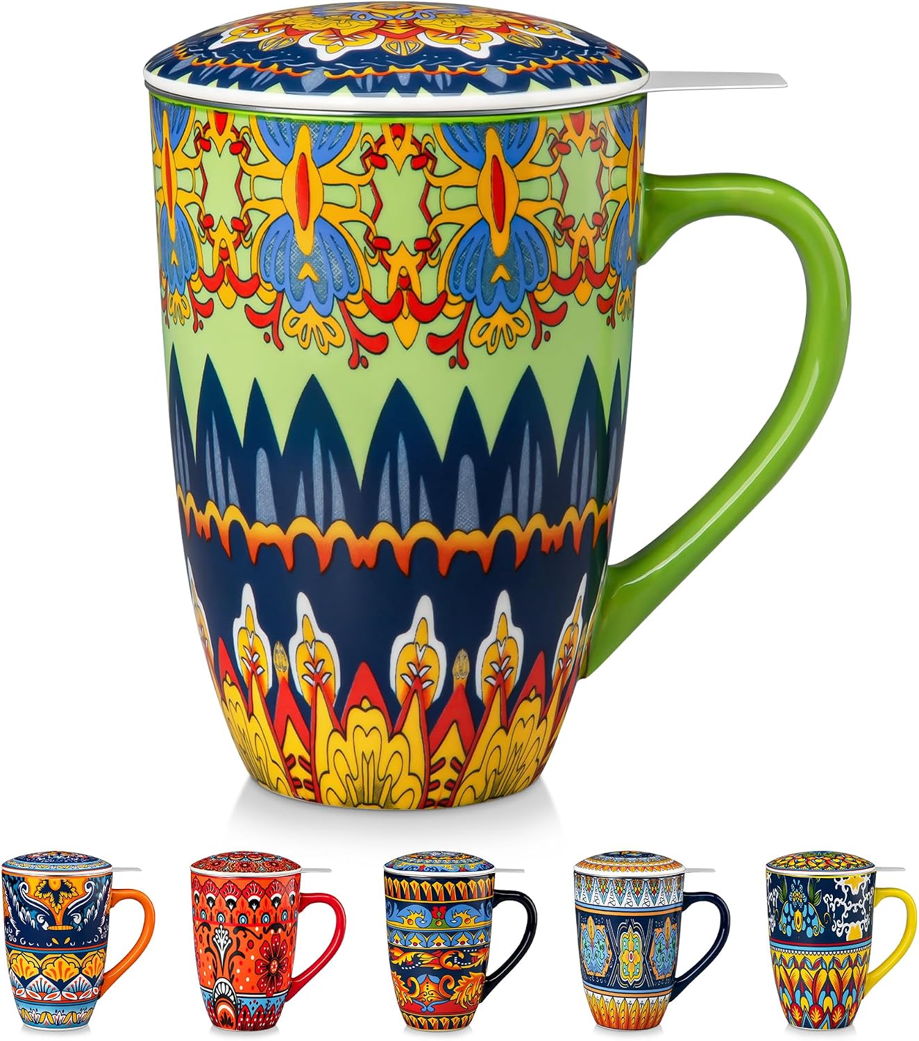 vancasso 18 Oz Tea Infuser Mug with Lid, Mint Petal Whirl | Eye catching Bohemian pattern, adds charm to any tea corner, ceramic mug with infuser, microwave and dishwasher safe