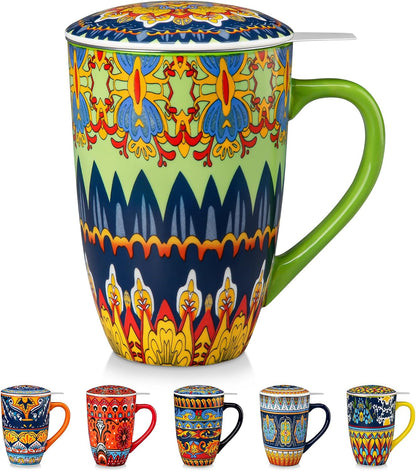 vancasso 18 Oz Tea Infuser Mug with Lid, Mint Petal Whirl | Eye catching Bohemian pattern, adds charm to any tea corner, ceramic mug with infuser, microwave and dishwasher safe