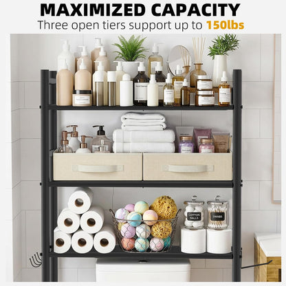 GloTika 3-Tier Over Toilet Storage, Anti-Tilt, 64" H, Black | Anti-Tilt Safety System, 150lb Capacity, Carbon Steel, Freestanding, No Drilling, Anti-Rust Coating, Paper Holder & 4 Hooks