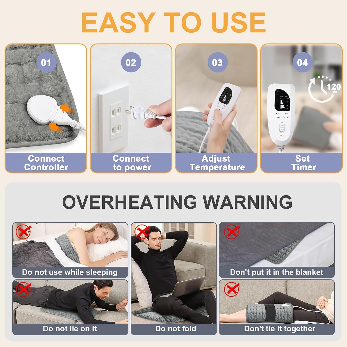 Heating Pad,Heated Blanket,Heating Pad for Back Neck,Grey,24x12 Inch | Electric Heating Pad,Dry/Moist Heat Heating Pads,Heating Pads for Shoulder,Abdomen,Heat Pad for Women Men,Birthday Gift
