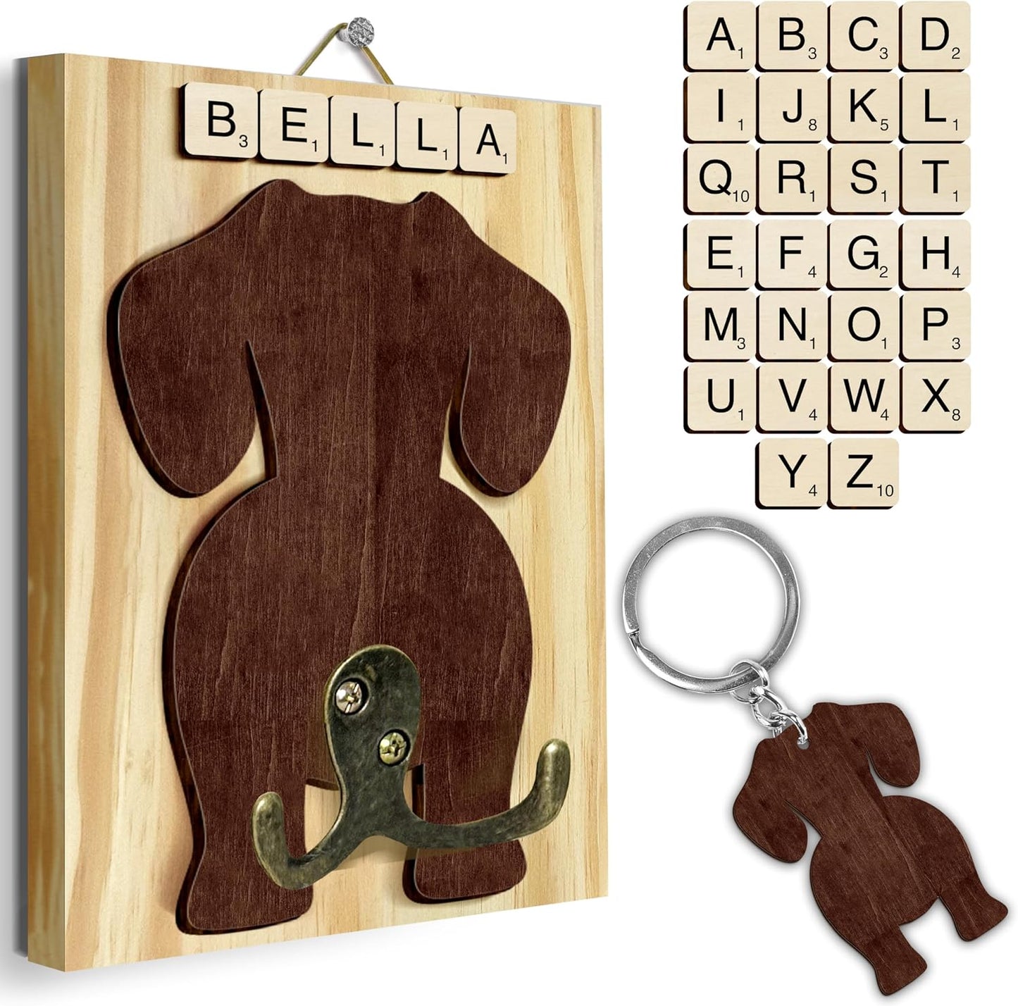 Dog Leash Holder Wall Mount, Pet Harness Hanger with Scrabble Letters, Dog Collar Organizer for Entryway, Memorial Cat Leash Holder for Wall, Pet Loss Gifts, Keepsake, Home Decor PF212-NAT