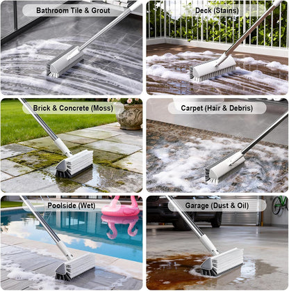 Floor Scrub Brush with Long Handle, Heavy-Duty Stiff Bristles, V-Shape Floor Scrubber Brush for Tile, Concrete & Grout Lines, Stand-Up Cleaning for Garage, Bathroom, Deck & Patio