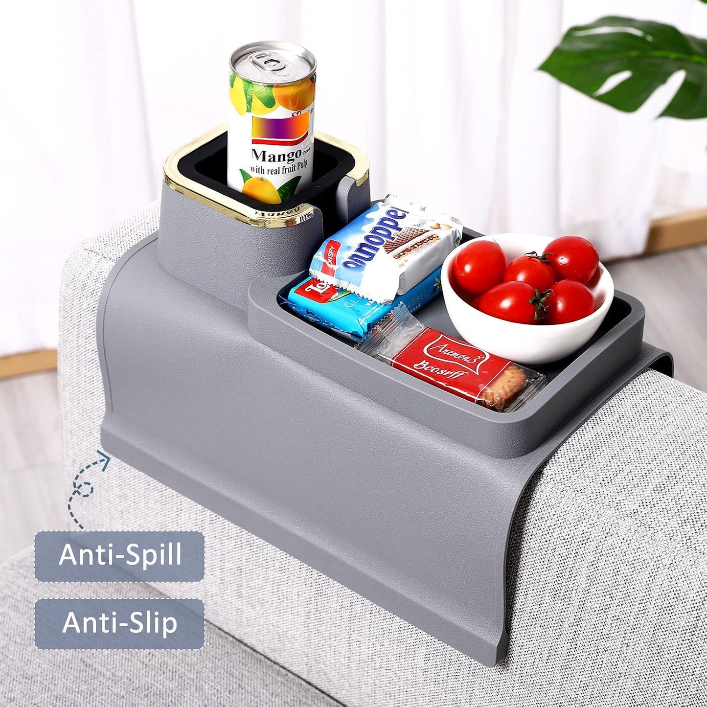 HMASYO Couch Cup Holder Tray – Weighted Silicone Sofa Armrest Organizer Table with Anti-Spill Coaster, Easy Reach for Drink, Snacks, Remote & Phone, Non-Slip Base, Easy Clean