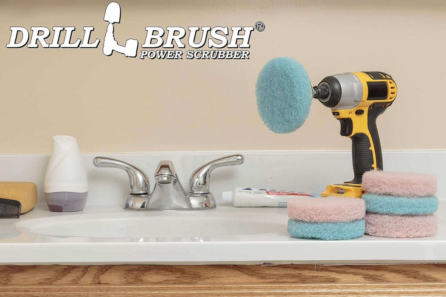 Cordless Drill Attachment - Acid Rain - Pool Tile - Granite - Shower Doors | Scrub - Scour - Drill Pads - Hard Water Stain Remover - Soap Scum - Mold - Mildew - Mineral - Rust - Calcium - Limescale