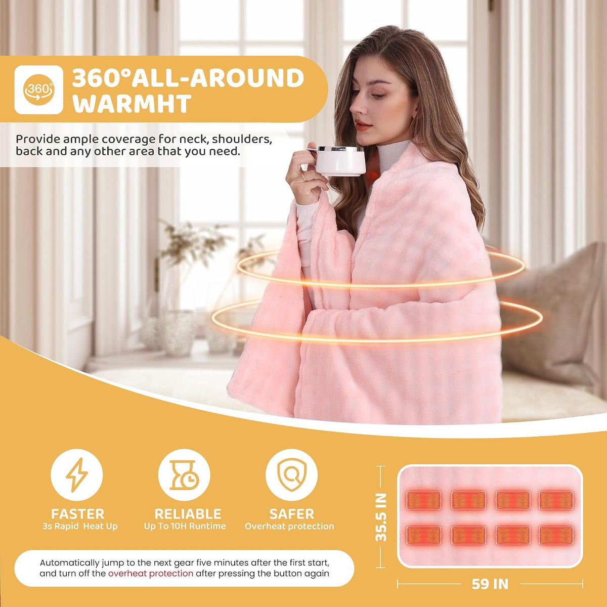 Cordless Heated Blanket, Battery Operated Heating Blanket with 20000mAh Rechargeable Power Bank, Portable Heated Throw Blanket, 59"x 35.5" Electric Heated Shawl, 3 Fast-Heating Levels (Pink)