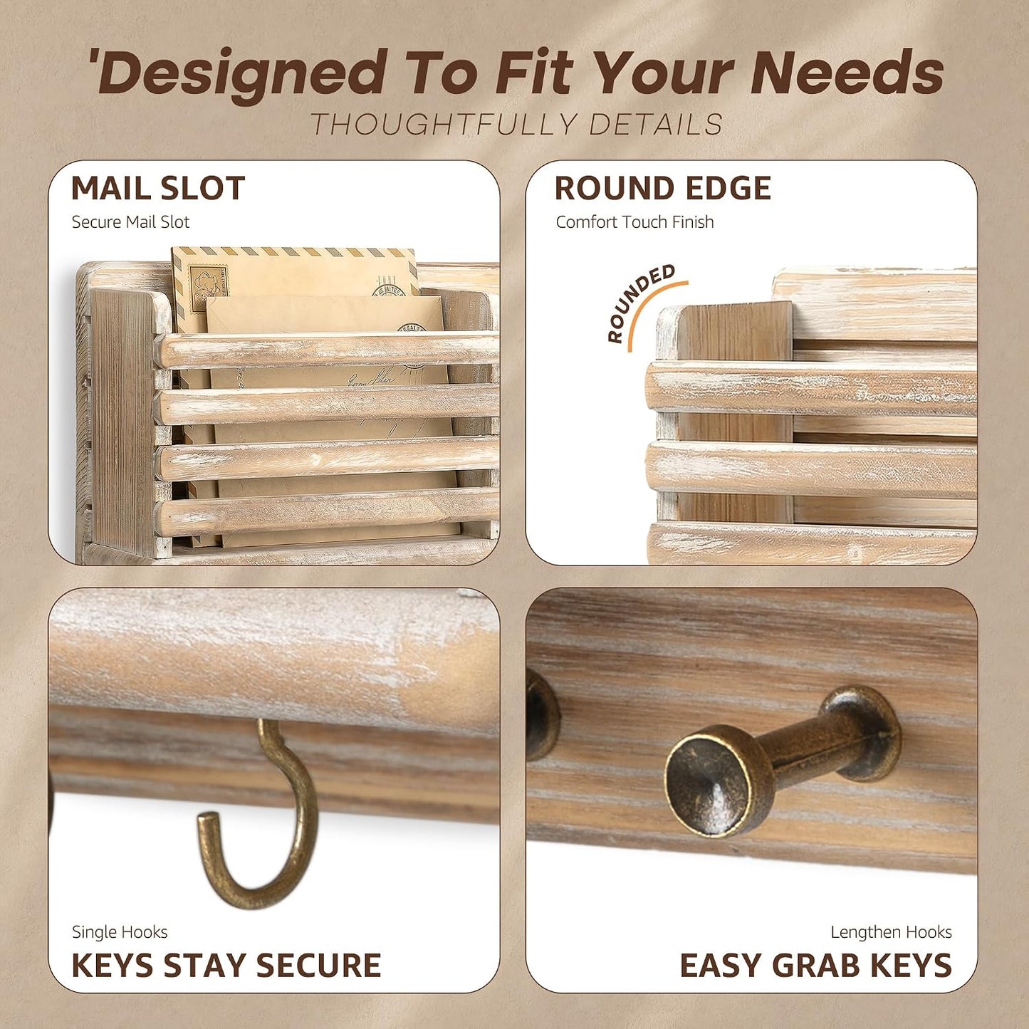 Rebee Vision Key Holder Wall Mount with Mail Slot for Entryway, Retro Brown | Pine Wood, Key Holder for Wall, 8 Hooks for Dog Leashes, Floating Shelf, Mail Sorter, New Home Essentials, Entryway Storage