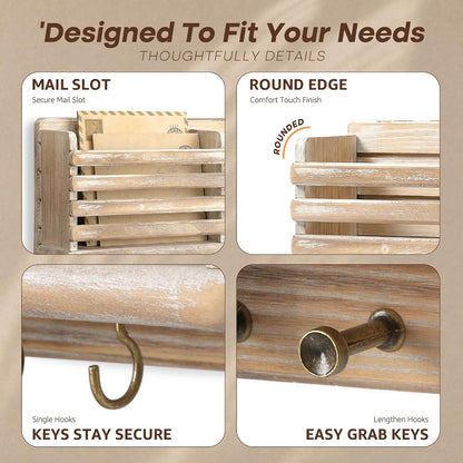 Rebee Vision Key Holder Wall Mount with Mail Slot for Entryway, Retro Brown | Pine Wood, Key Holder for Wall, 8 Hooks for Dog Leashes, Floating Shelf, Mail Sorter, New Home Essentials, Entryway Storage