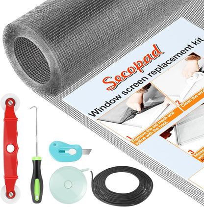 Secopad Window Screen and Screen Door Mesh Repair Kit, Black, 48in x 177in | Replacement Tools Kit, Easy to Install, Extra Large, Durable Fiberglass, Pet and Kid Friendly, For Window Door Patio & Porch
