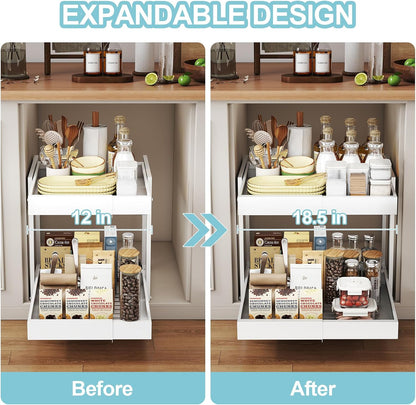 Golener 2-Tier Expandable Pull Out Cabinet Organizer, Cabinet Drawers, 16"D | Cabinet Pull Out shelves, Adjustable Pantry Drawers, Slide Out Drawers for Kitchen Cabinets, Under Sink Organizer, Black