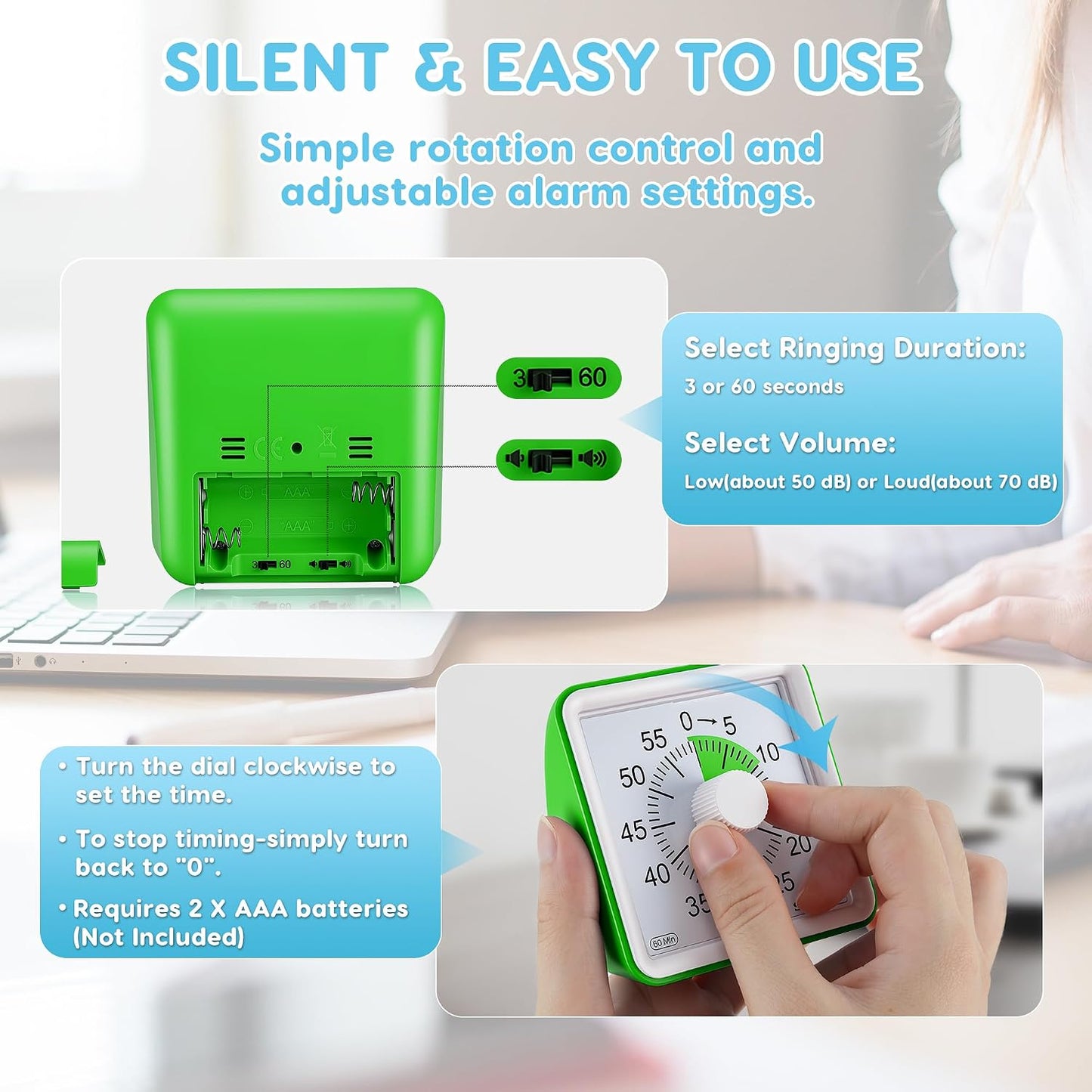 Secura 60-Minute Visual Timer, Classroom Timer, Countdown Timer for Kids and Adults, Time Management Tool for Teaching (Green & Green)