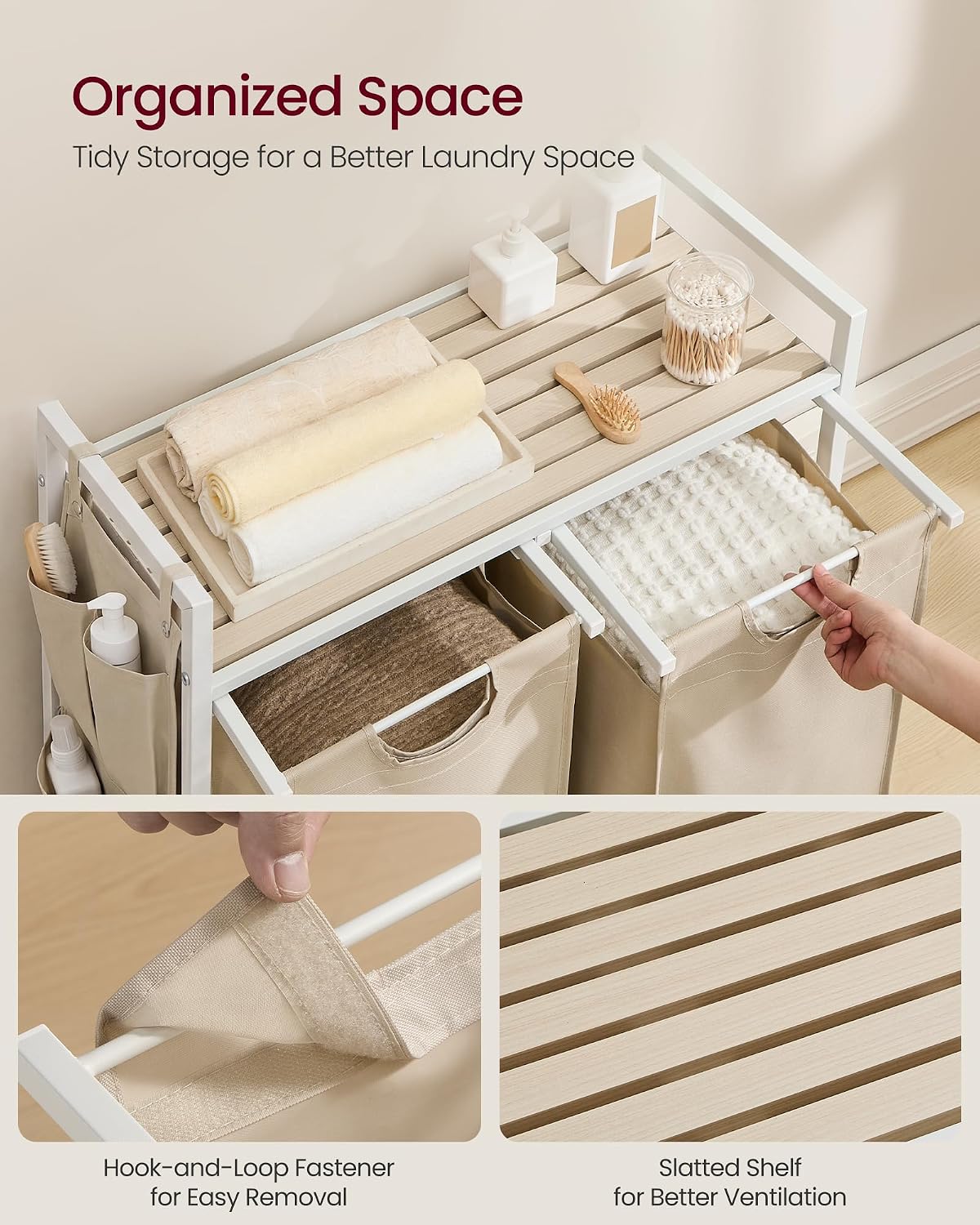 VASAGLE Laundry Hamper, Laundry Basket Sorter with 3 Pull-Out and Removable Bags, Shelf, Metal Frame, 3 x 10.6 Gallons (40 L), 36.4 x 13 x 28.4 Inches, Cappuccino Beige and Natural Beige UBLH301LH01