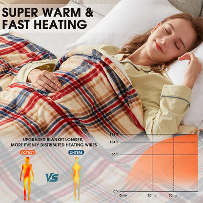 Heated Blanket Electric Throw 50X60 Heating Blanket with 10 Heating Levels 8 Hours Auto Off, Blue Plaid Sherpa Blankets Winter Warmer, Home Decor for Couch Bed Office,Gifts for Mom, Women,Washable