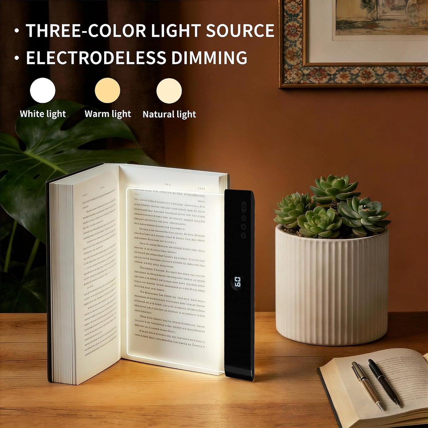 LED Reading Book Page Light - USB Rechargeable Flat Books Night Lamp - Smart Clear Read Booklight Panel - Dimmable Plate with 3 Colors & Timer - Portable Eye Care Reading Light for Bed Time (White)