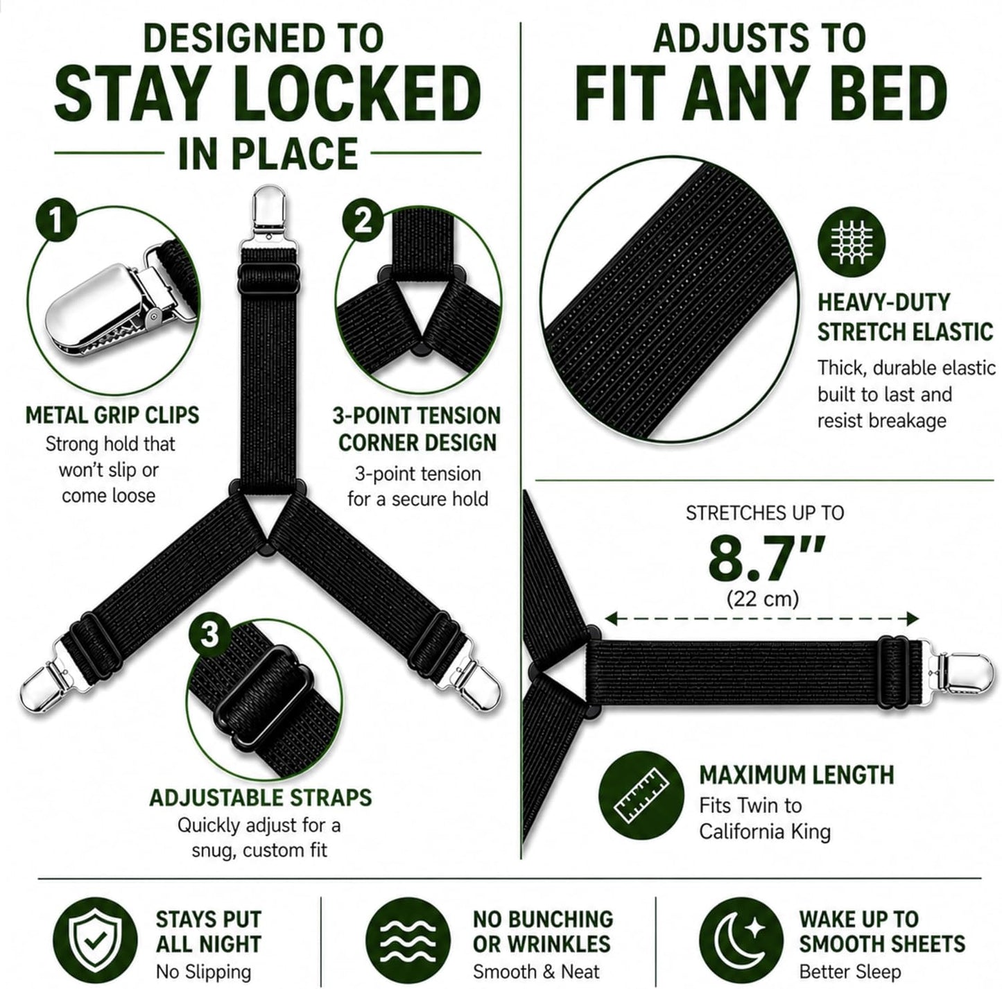 Bed Sheet Holder Straps – 4 Pack Sheet Fasteners for Corners, Keep Sheets Tight All Night, Adjustable Mattress Straps for Queen, King & Full Beds (Plastic Hardware)