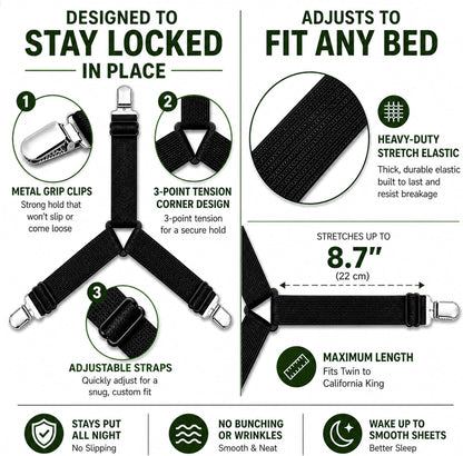 Bed Sheet Holder Straps – 4 Pack Sheet Fasteners for Corners, Keep Sheets Tight All Night, Adjustable Mattress Straps for Queen, King & Full Beds (Plastic Hardware)