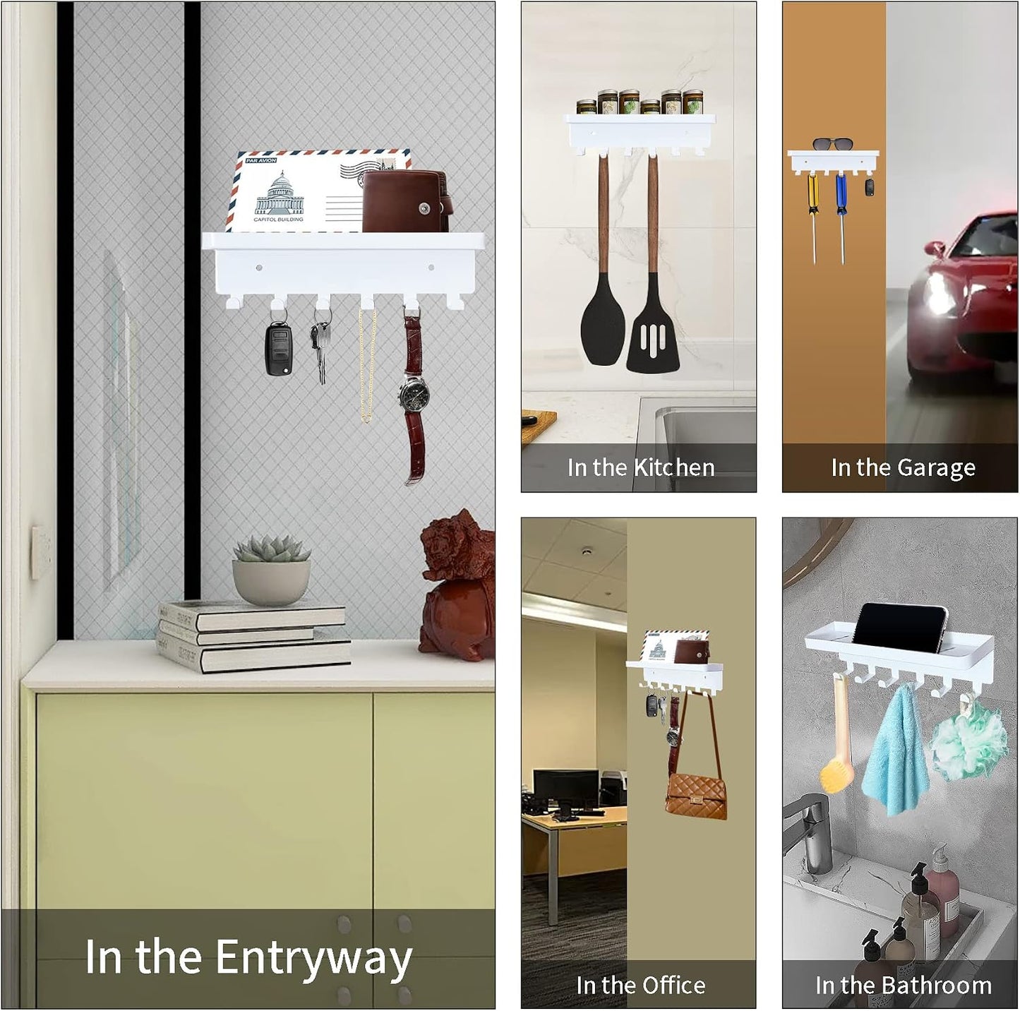 GTK Key Holder for Wall Key Hooks with Tray and 6 Hooks, Wall Mounted Key Holder for Hallway, Key Rack with Shelf for Mail Storage (Black)