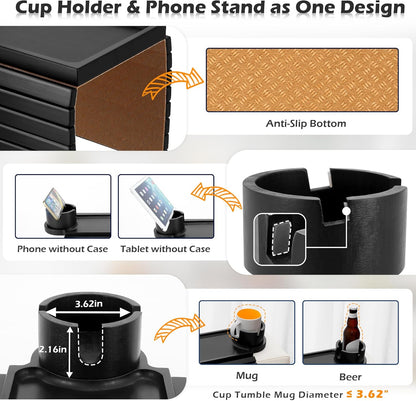GHKINMAL Couch Cup Holder Tray, 3 in 1 Couch Arm Trays,Large Bamboo Chair Arm Rest Tray with 360° Cup Holder,Removable Anti-Slip Organizer for Snack Eating