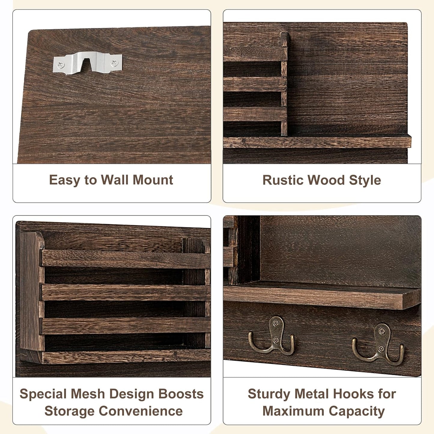 Dahey Key Mail Holder Wall Mounted Wooden Hanger with 4 Double Hooks, Brown | Rustic Farmhouse Decor, Wall Mail Organizer with Shelf, Solid Wood Rack, Easy Install, Versatile Storage for Entryway Mudroom