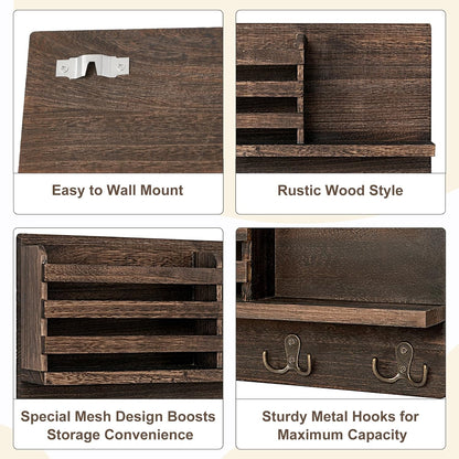 Dahey Key Mail Holder Wall Mounted Wooden Hanger with 4 Double Hooks, Brown | Rustic Farmhouse Decor, Wall Mail Organizer with Shelf, Solid Wood Rack, Easy Install, Versatile Storage for Entryway Mudroom