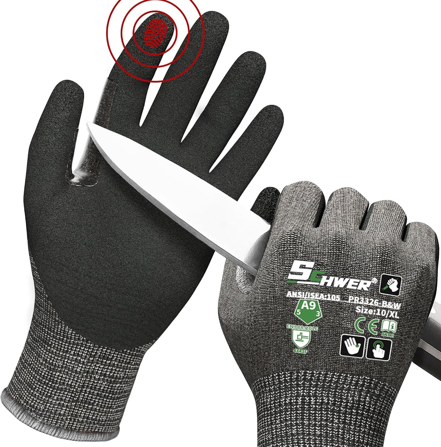 Schwer ProGuard High Level Cut Resistant Work Gloves for Extreme Protection, ANSI A9 Cut Gloves with Reinforced Thumb, Non Slip, Breathable, Durable, Touch-screen, Black 1 Pair（L 3326