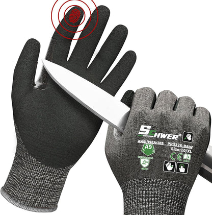 Schwer ProGuard High Level Cut Resistant Work Gloves for Extreme Protection, ANSI A9 Cut Gloves with Reinforced Thumb, Non Slip, Breathable, Durable, Touch-screen, Black 1 Pair（L 3326