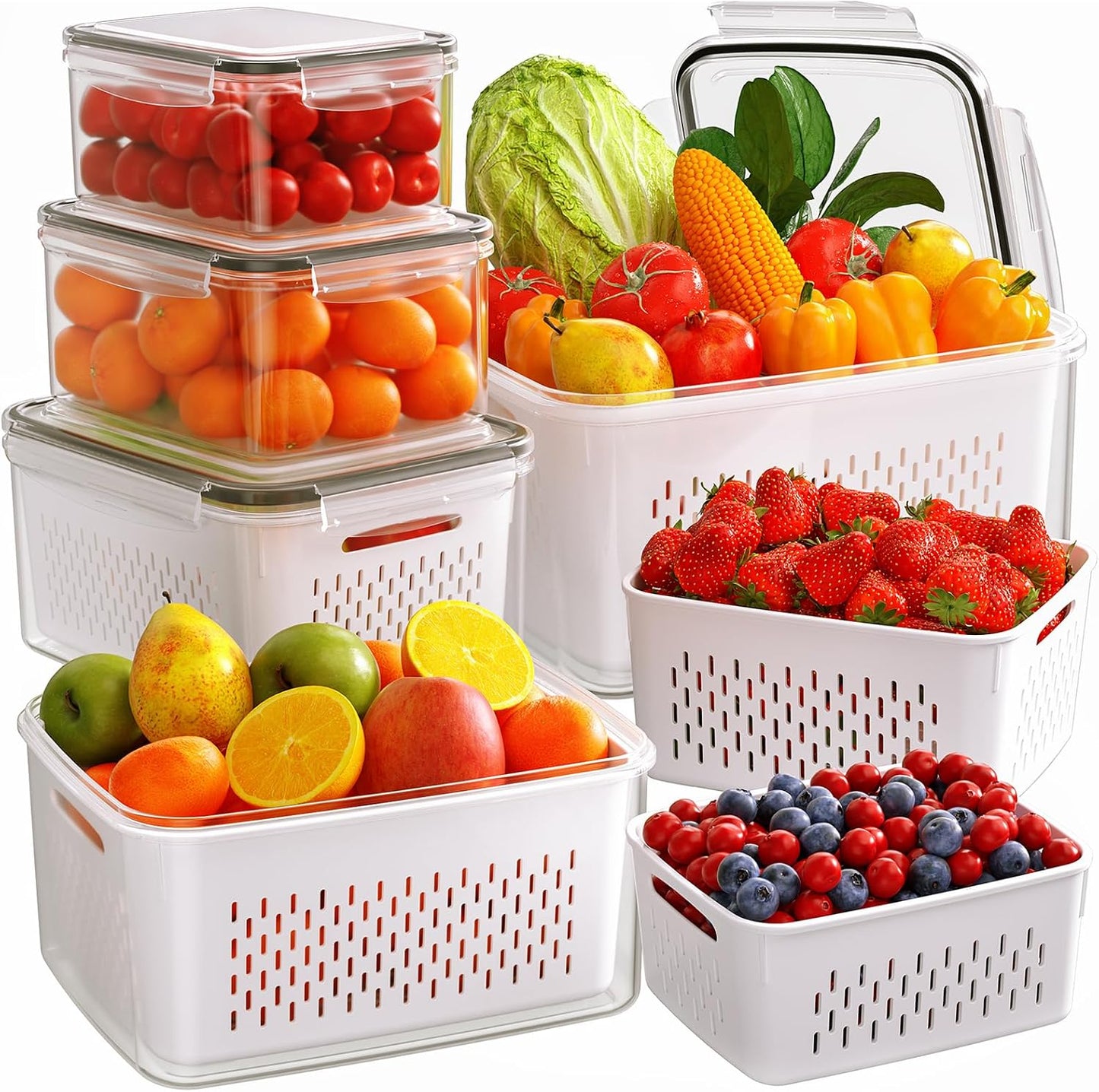 5-Pack Fruit Storage Containers for Fridge with Removable Colanders, 4 in 1 Produce Storage Containers with Lids, Leakproof Fridge Organizer Bins for Salad Berry Lettuce Vegetables Meat Keeper Fresh