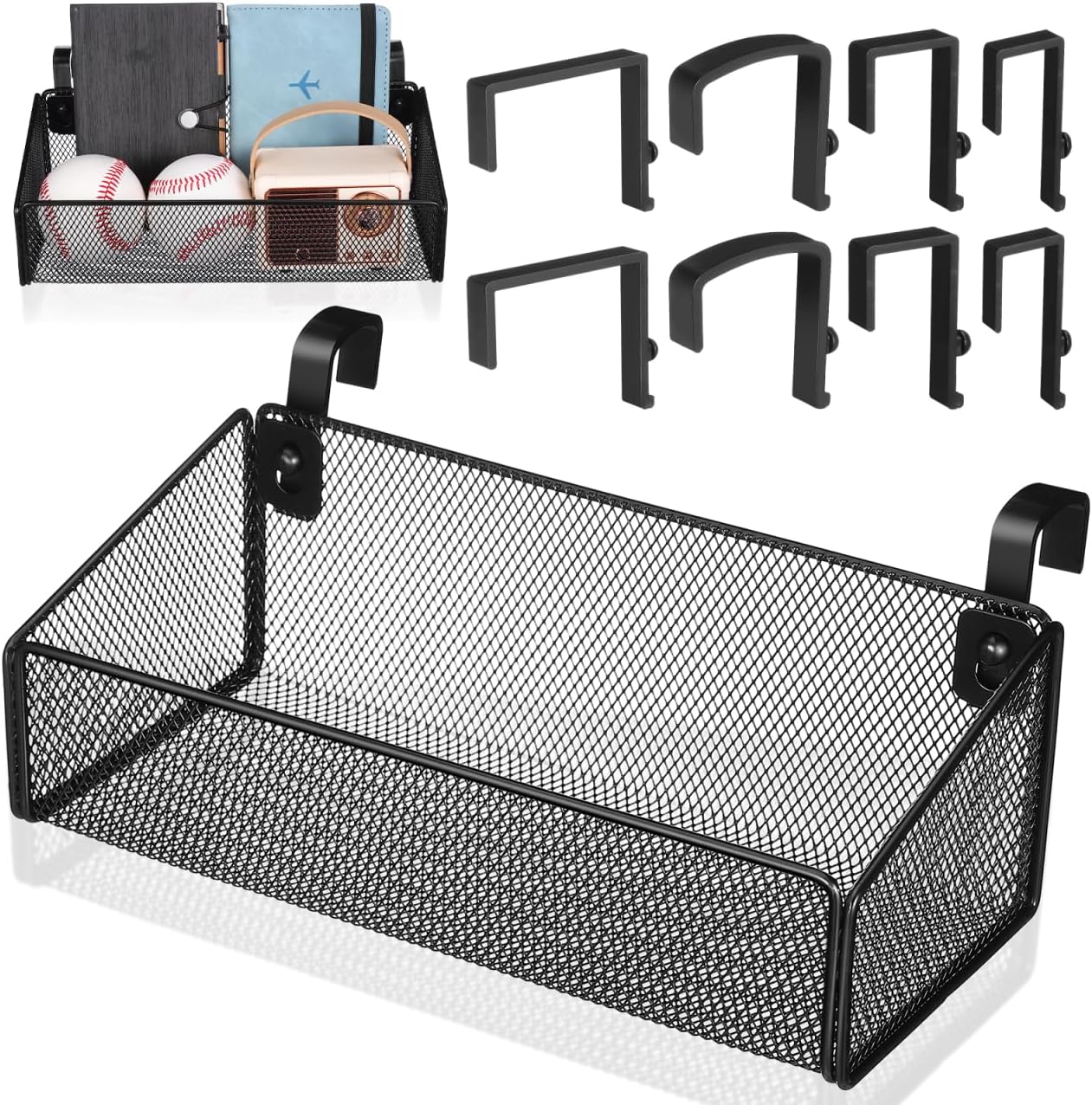 ULTECHNOVO Bedside Caddy Shelf Hanging Storage Basket for Bunk Bed, Office Cubical Walls, Baby Rails, College Dorm Organizer - with 10 Hooks for Phone, Glass, Magazine, Decor (Black)