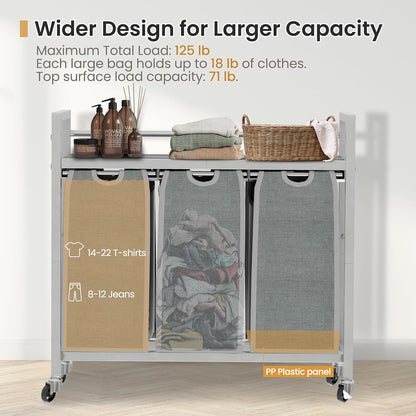 SwaaVee Laundry Sorter, Laundry Hamper 3 Section, 3×11.4Gal, Metal Frame Rolling Laundry Basket with Wooden Top Shelf, Pull out and Removable Laundry Bags, 3 Bags-Black