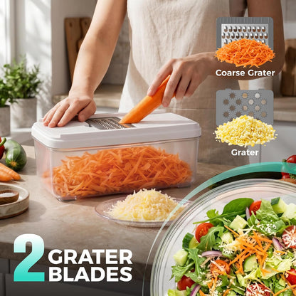 HAUSHOF 9-in-1 Vegetable Chopper & Mandoline Slicer, 7 Blades, Drain Basket | Food and Veggie Chopper and Dicer, Grater, Kitchen Prep Tool with Container, Safety Holder, Interchangeable Blades
