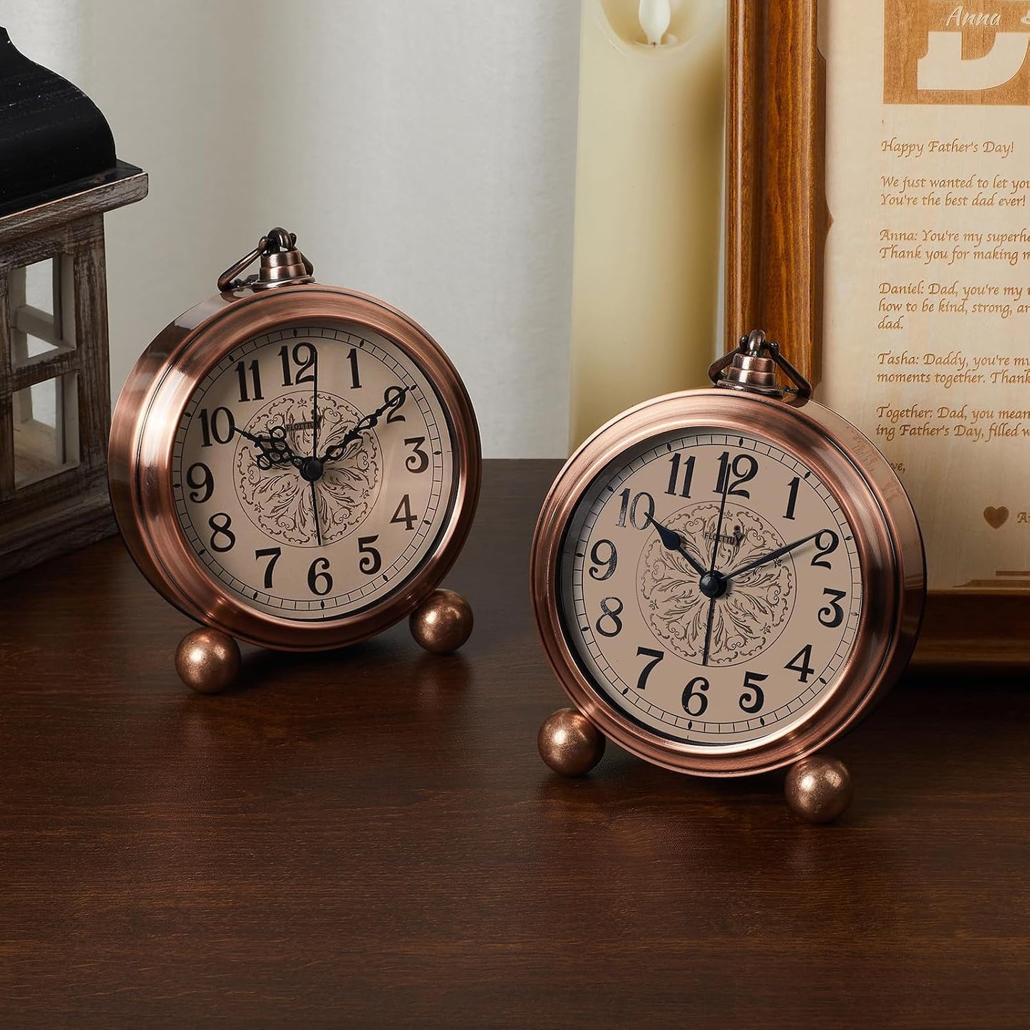 FLOITTUY 4.5" Battery Operated Antique Retro Analog Metal Alarm Clock, Silent Bedside Desk Clock, Wall-Hanging Vintage Clock(Exquisite Bronze)