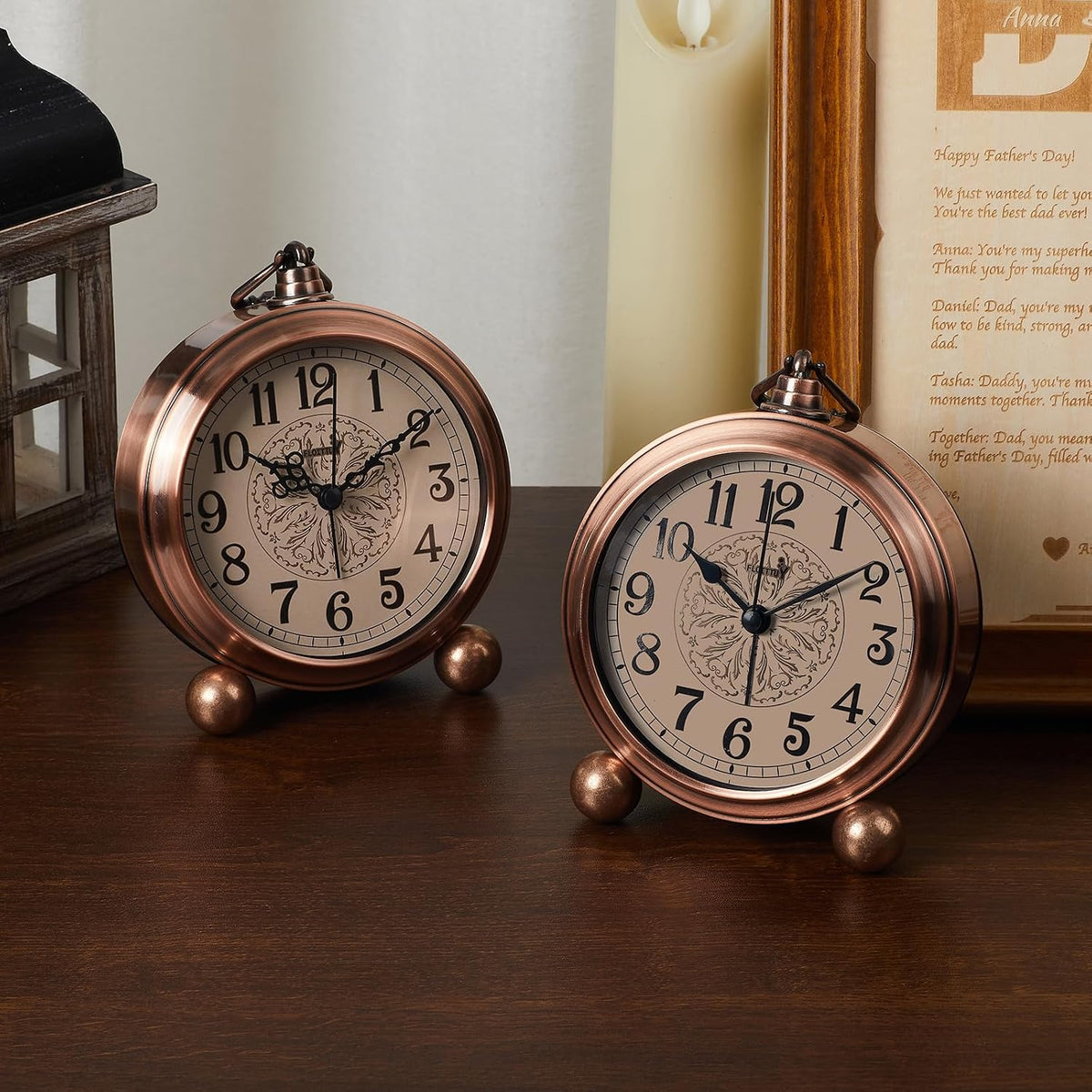 FLOITTUY 4.5" Battery Operated Antique Retro Analog Metal Alarm Clock, Silent Bedside Desk Clock, Wall-Hanging Vintage Clock(Exquisite Bronze)