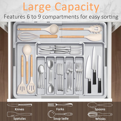 Large Silverware Drawer Organizer Expandable Kitchen Utensil Organizer BPA Free Flatware Cutlery Holder Tray Adjustable Plastic Drawer Divider Storage for Forks Knives 6-9 Slots White