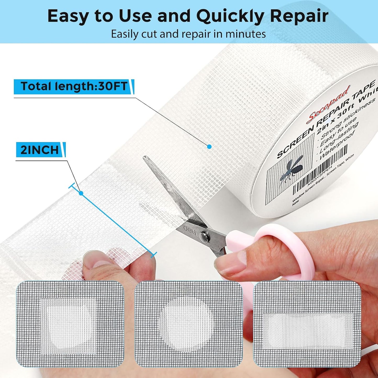 Secopad 2" x 180" (15FT) Screen Repair Tape, Screen Repair Kit, Black | Window Screen Patch, Quick Repair, Strong Adhesive, Easy to Use, For Mesh Window & Door, Cuttable Fiberglass, No Tools Needed