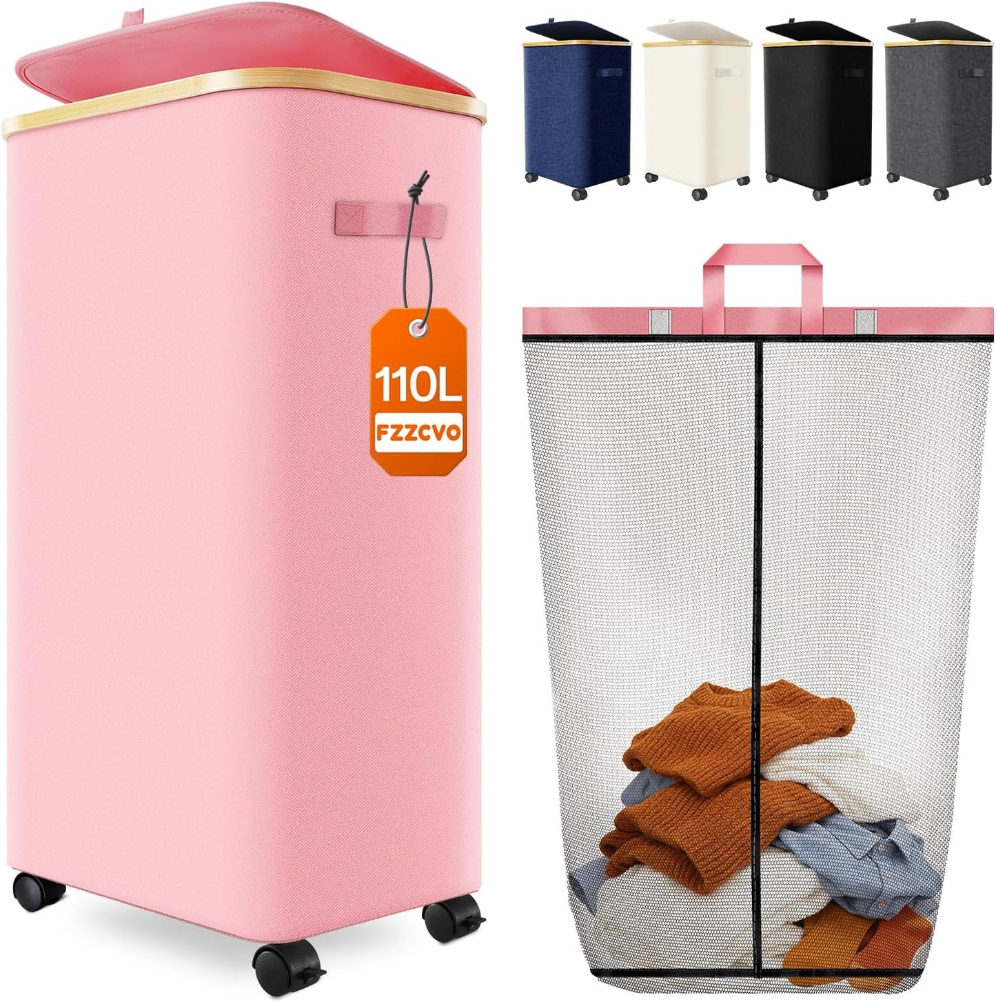 Double Laundry Basket with Wheels and Lid, 150L Clothes Hampers for Laundry | Large Laundry Hamper with 2 Sections & Removable Liner Bags, Rolling Dirty Clothes Basket for Bedroom Bathroom Dorm College