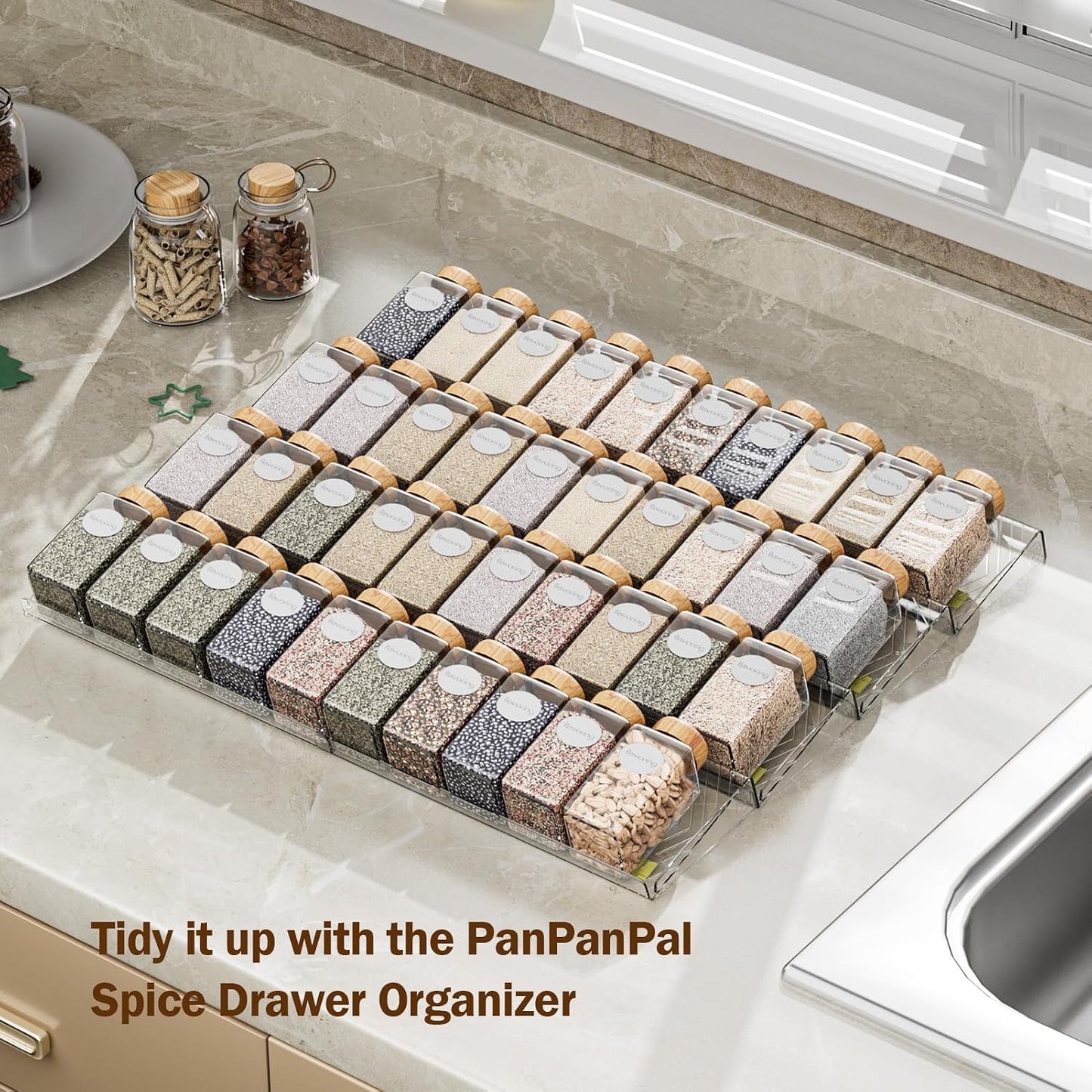 Spice Drawer Organizer, 8 Pack Clear Seasoning Organizer Rack | Expandable From 11" to 22" Wide, Kitchen Spice Rack Organizers for Drawer, Countertop, (Jars Not Included)