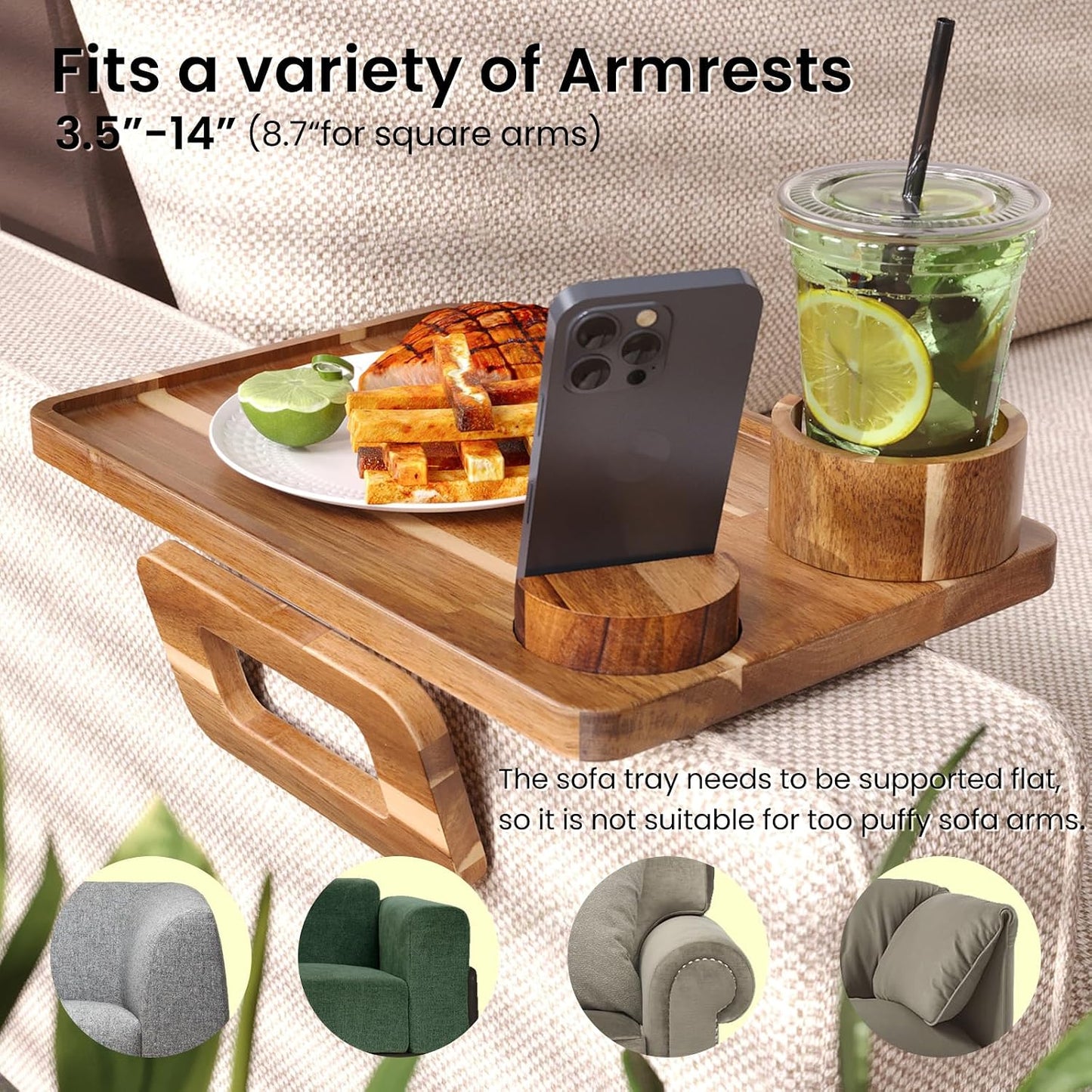 Acacia Wood 3 in 1 Couch Arm Tray with Cup and Phone Holder | Clip-On Couch Desk,Foldable, Non-slip,No Assembly，for Drinks Snacks Phone，Remote Control