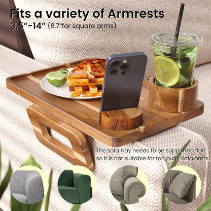 Acacia Wood 3 in 1 Couch Arm Tray with Cup and Phone Holder | Clip-On Couch Desk,Foldable, Non-slip,No Assembly，for Drinks Snacks Phone，Remote Control
