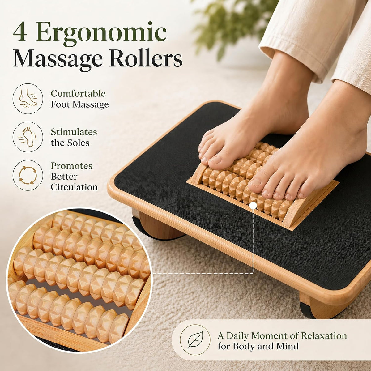 Foldable Under Desk Foot Rest, Wooden Rocking Footrest with 4 Massage Rollers, Natural Rubber Wood Ergonomic Foot Stool with Silicone Anti-Slip Surface, Office Home Study Footrest for Post