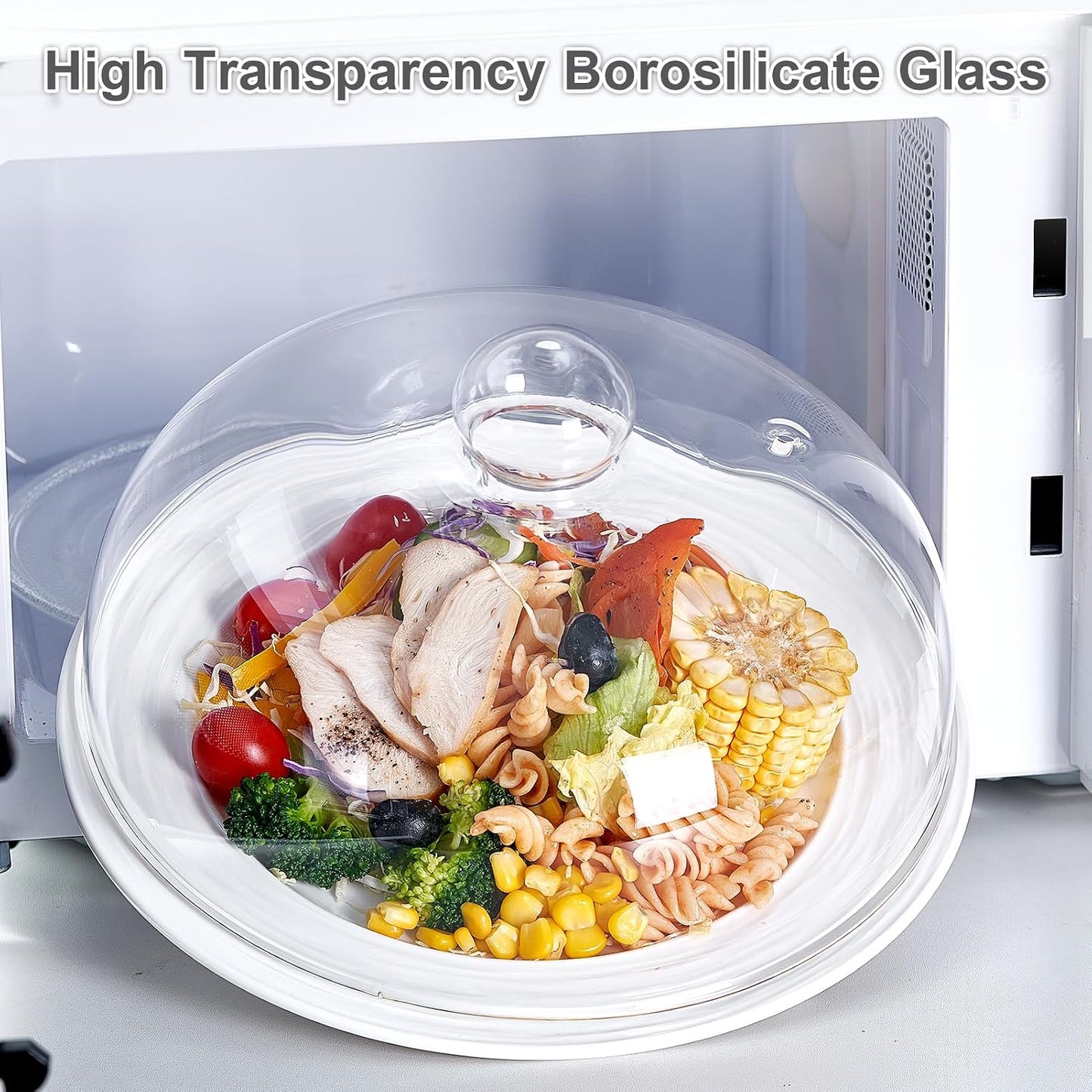 12 Inch Borosilicate Glass Light Microwave Splatter Cover for Food | All Glass Tall Splatter Guard Microwave Plate Serving Dish Covers Lid with Handle for Heating Food