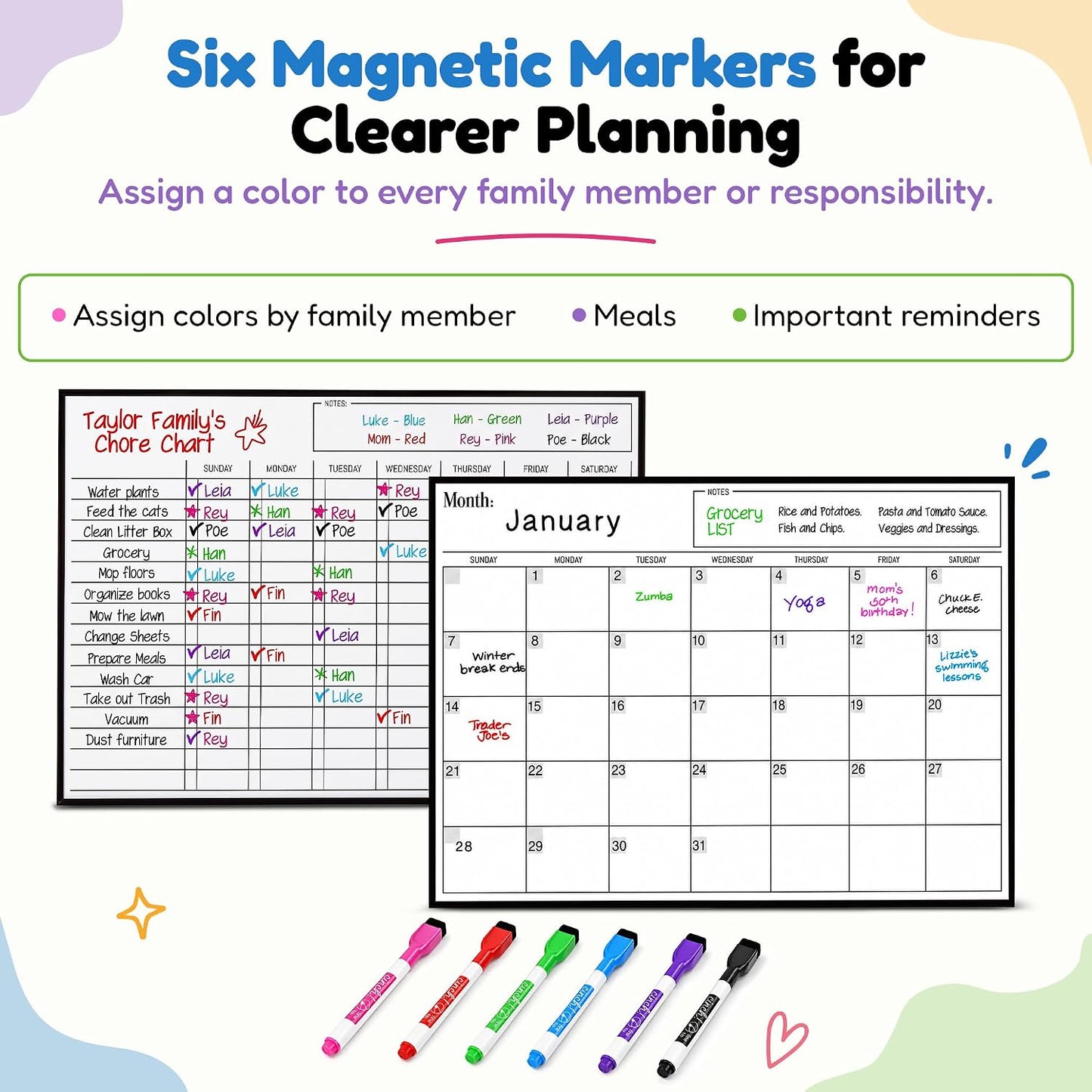 3 Pack Magnetic Dry Erase Calendar for Fridge, 17" x 12" Fridge Planner | Stain-Resistant Magnetic Calendar for Refrigerator with 6 Magnetic Markers & 1 Eraser - Monthly, Weekly & Daily Planner Set
