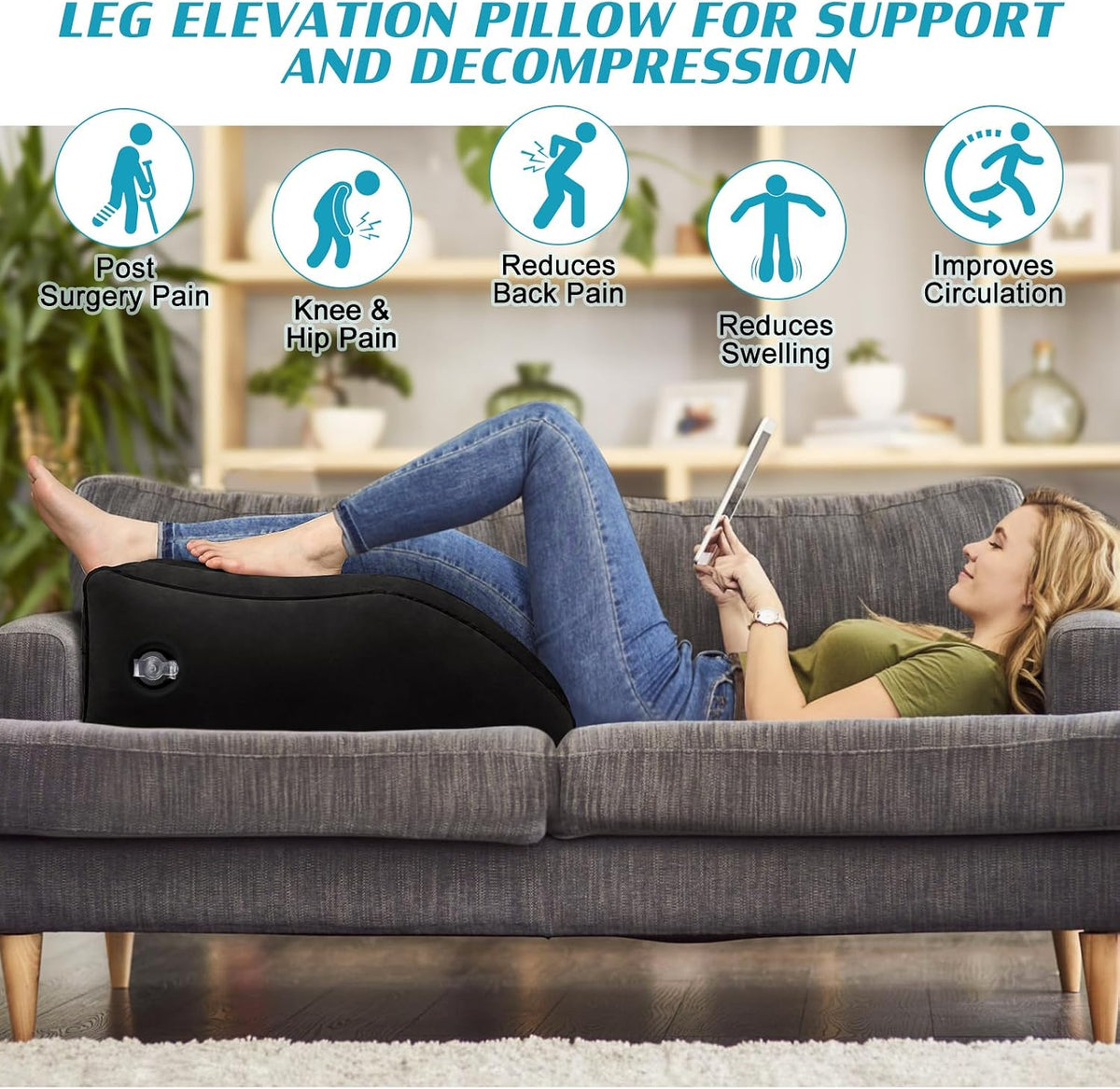 Wedge Pillow for Sleeping - Inflatable Leg Elevation Pillow for Swelling,Circulation,Leg & Back Pain Relief,Leg Support Pillow,Leg Wedge Pillows for After Aurgery,Hip,Foot,Ankle Recovery (Black)