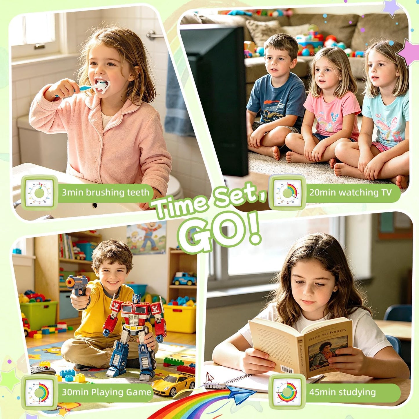 Visual Timer for Kids 60 Minute Countdown Clock – Silent Cube Timer with Rainbow Cloud Design, Plastic Kids Visual Timer, Toddler Timers for Classroom Home Kitchen Study Tools, Green