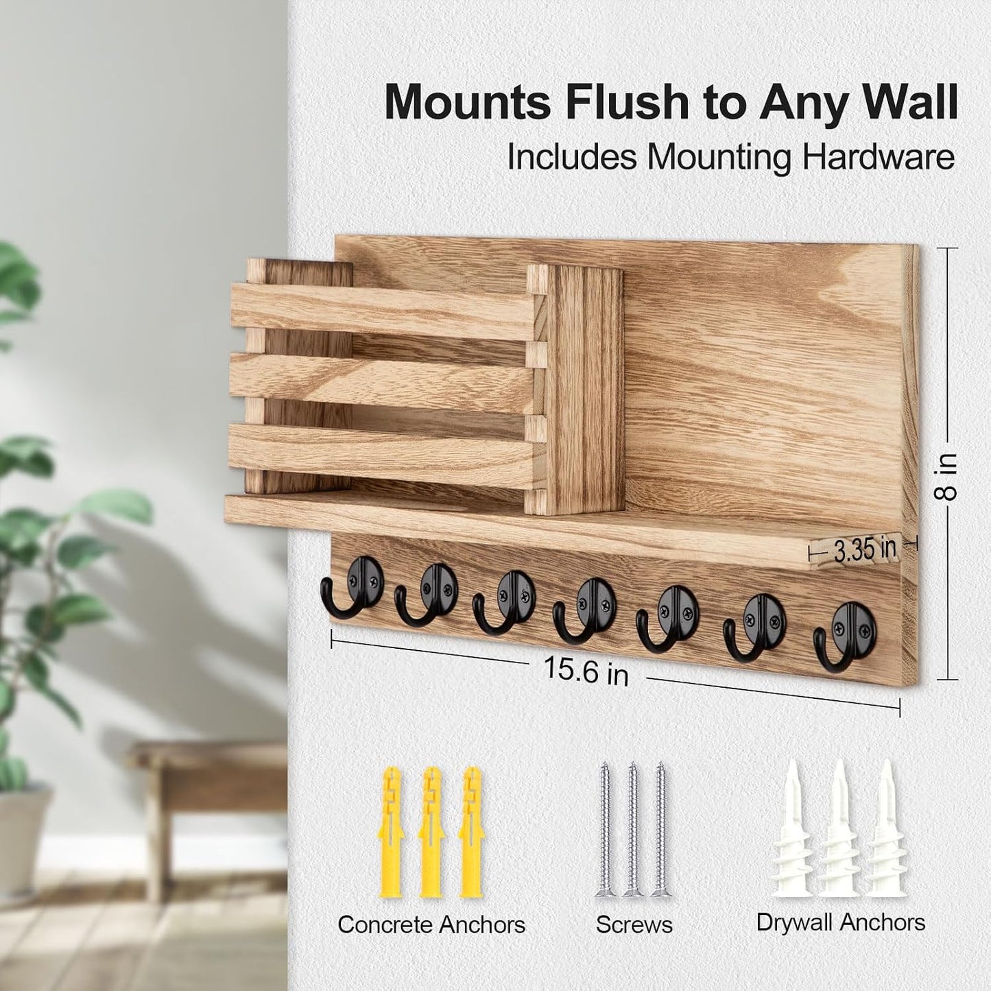Lwenki Key Holder for Wall – Decorative Wooden Mail Holder and Key Shelf with Mounting Hardware, Installation Guide – Paulownia Wood with Metal Key Hooks (Black, Large - 11.8inch)