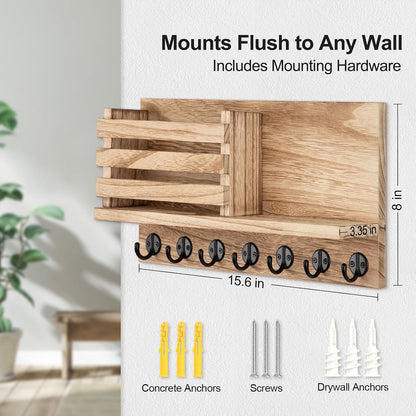 Lwenki Key Holder for Wall – Decorative Wooden Mail Holder and Key Shelf with Mounting Hardware, Installation Guide – Paulownia Wood with Metal Key Hooks (Black, Large - 11.8inch)