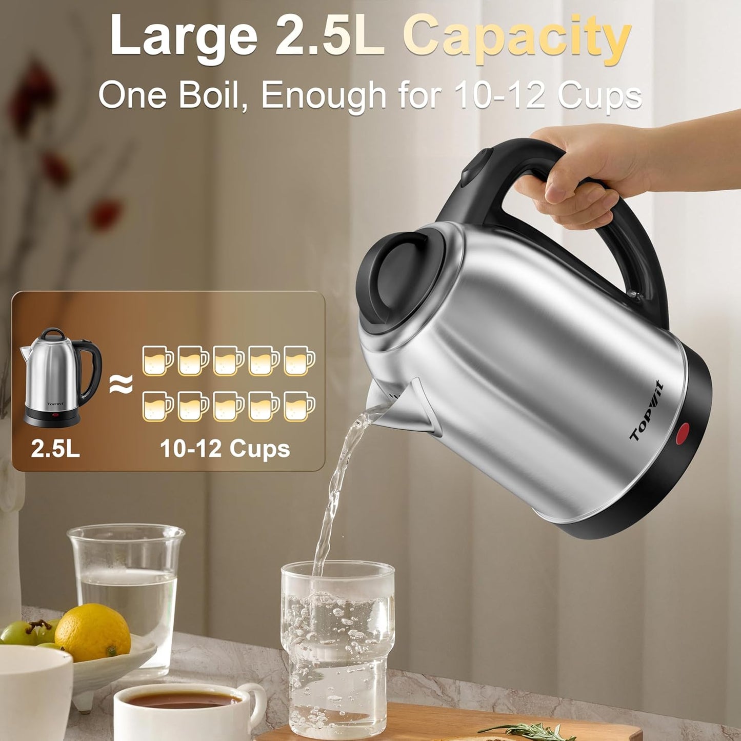 Topwit 2.5L Large Electric Kettle,Fast Boil Stainless Steel Electric Kettle | BPA Free Hot Water Kettle Electric, Removable Lid, Auto Shut-Off, Boil-Dry Protection, Large Capacity for Family, 1200W
