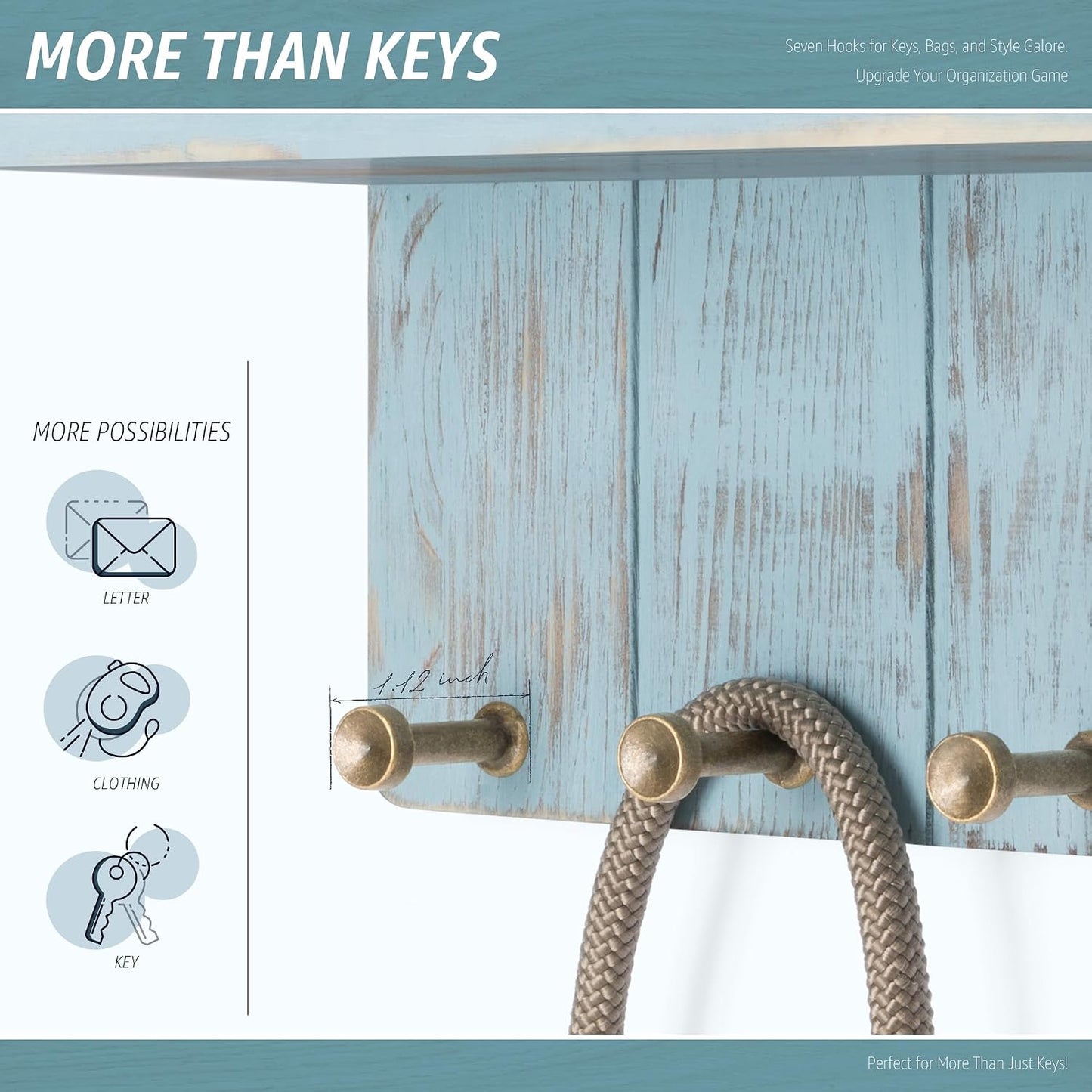 Rebee Vision Key Holder Wall Mount with Shelf for Entryway, Distressed Blue | Key and Mail Holder for Wall, Shelf, 4 Key Hooks, Farmhouse Decor, Room Decor Aesthetic, Compact Home Storage, Wall Organizer