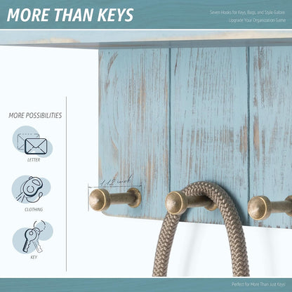 Rebee Vision Key Holder Wall Mount with Shelf for Entryway, Distressed Blue | Key and Mail Holder for Wall, Shelf, 4 Key Hooks, Farmhouse Decor, Room Decor Aesthetic, Compact Home Storage, Wall Organizer