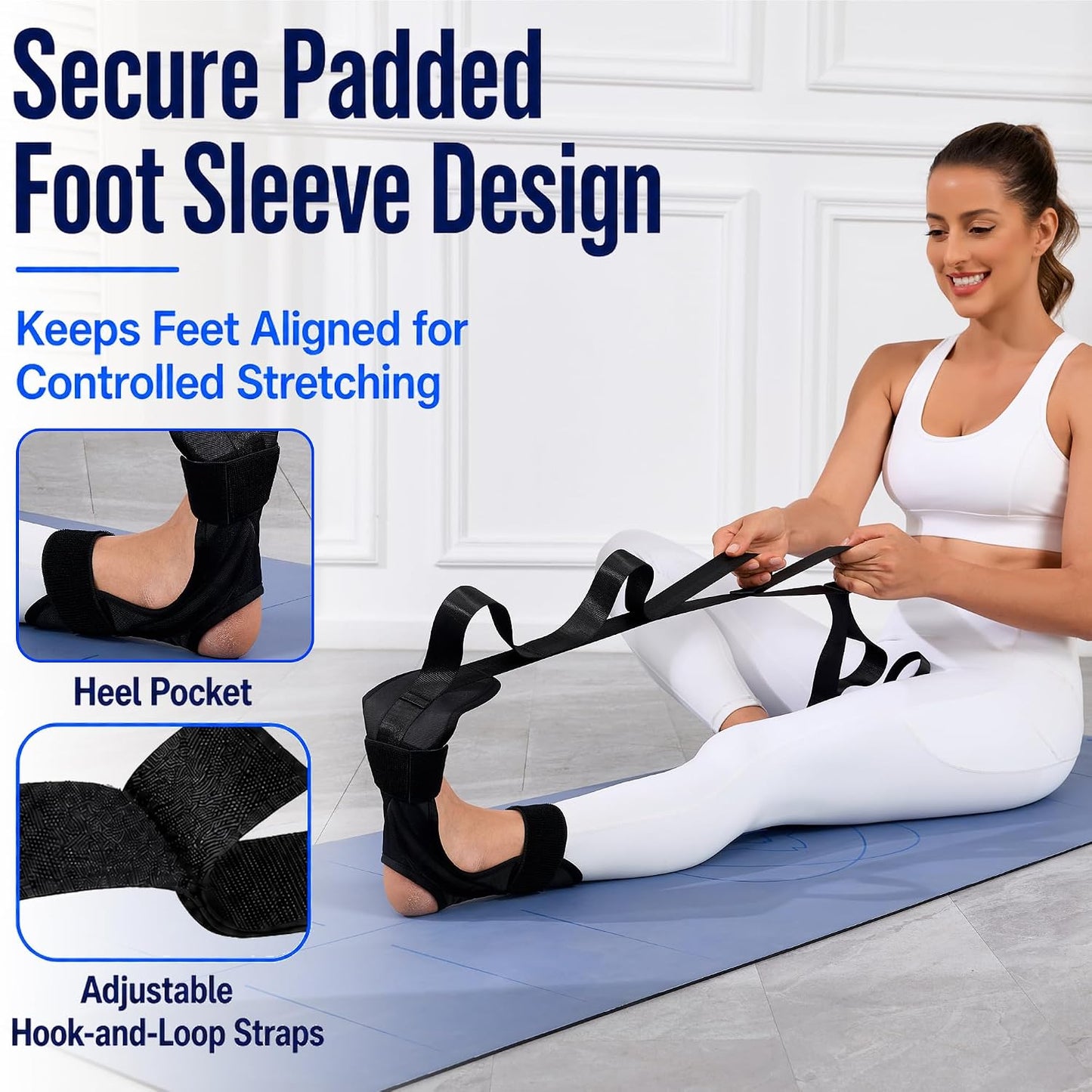 Foot and Calf Stretcher Strap for Plantar Fasciitis, Achilles and Hamstring | Secure padded foot sleeve with multi-loop strap stretches arches, toes, ankles and calves for PT, yoga, runners and heel pain