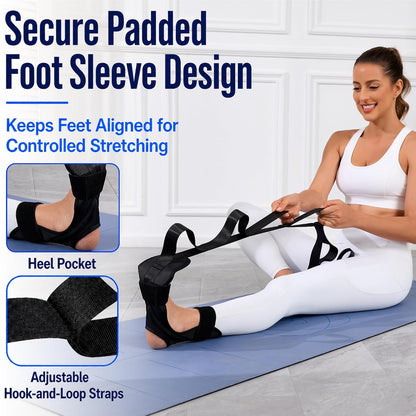 Foot and Calf Stretcher Strap for Plantar Fasciitis, Achilles and Hamstring | Secure padded foot sleeve with multi-loop strap stretches arches, toes, ankles and calves for PT, yoga, runners and heel pain