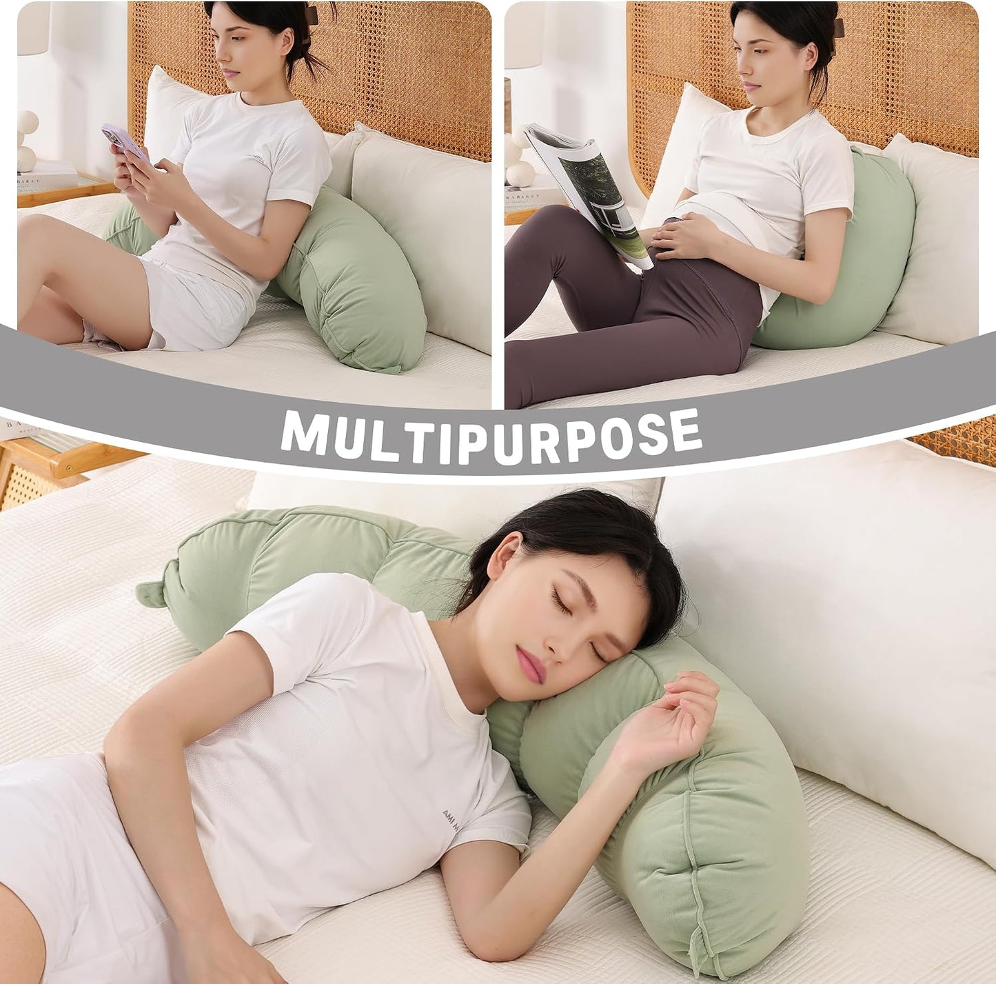 Peallow(Pat. Pend) – Long Round Body Pillow for Adults, Bolster Pillow for Sleeping, Soft and Supportive Pillow for Sleeping & Lumbar Support (Green-White, 29.5")
